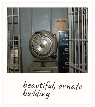 Polaroid style photo of bank vault at Meyer Agency building